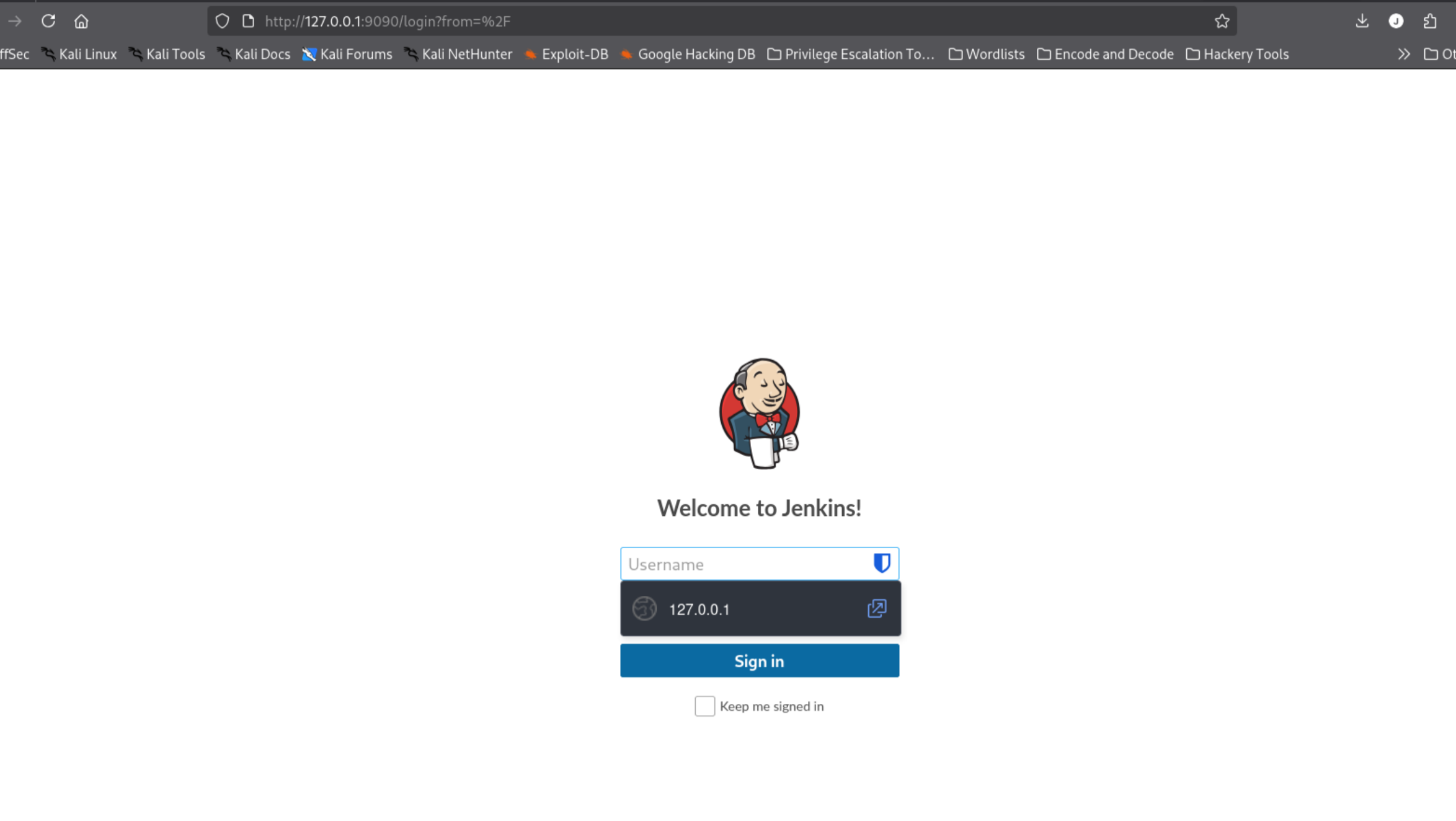 Browser showing Jenkins login page accessible at 127.0.0.1:9090 via SSH tunnel